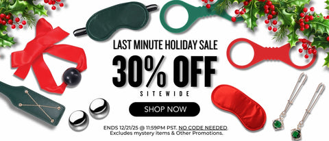 Promotional banner for a last minute holiday sale with holiday-themed items and a 30% off discount.